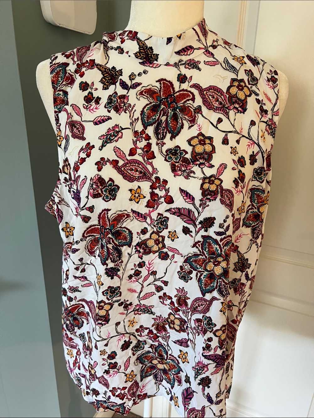 J. Jill White Floral Mock-Neck Tank with Pink, Burgundy & Teal Accents
